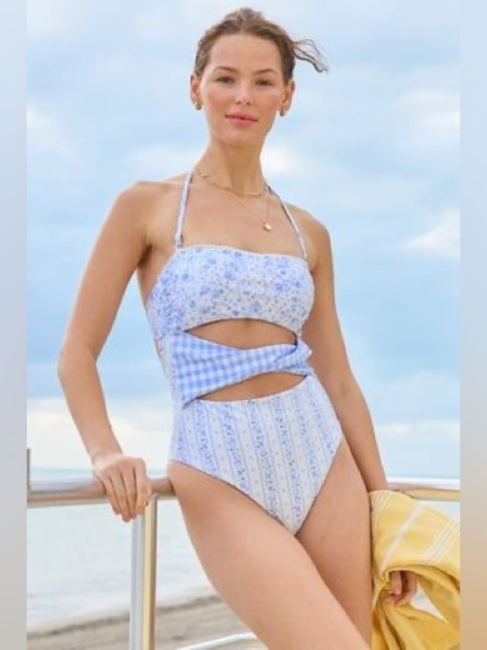 Altar'd State Light Blue Floral & Gingham Cutout One-Piece Swimsuit